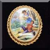 J050. Limoges porcelain lovers pin with goldtone surround. 2.25” x 1.75” - $45 